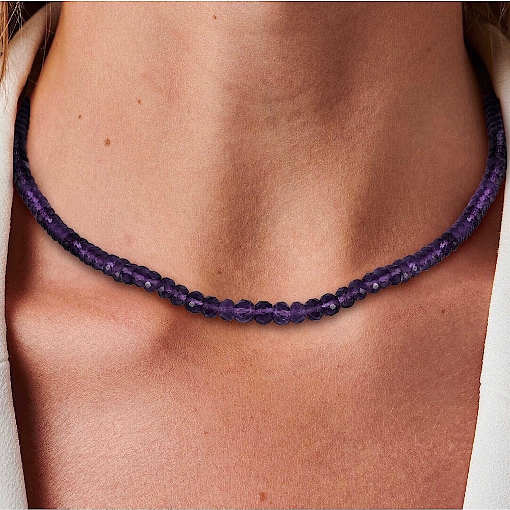 Amethyst Beaded Necklace Dark Purple Multifaceted Gemstone 16" Choker Jewelry
